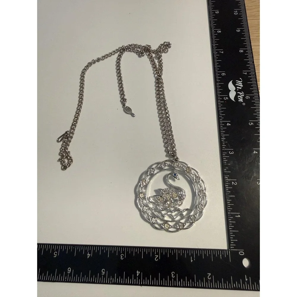 Vintage Sarah‎ Coventry Silver Tone Rhinestone Swan Pendant Necklace Large 2.5